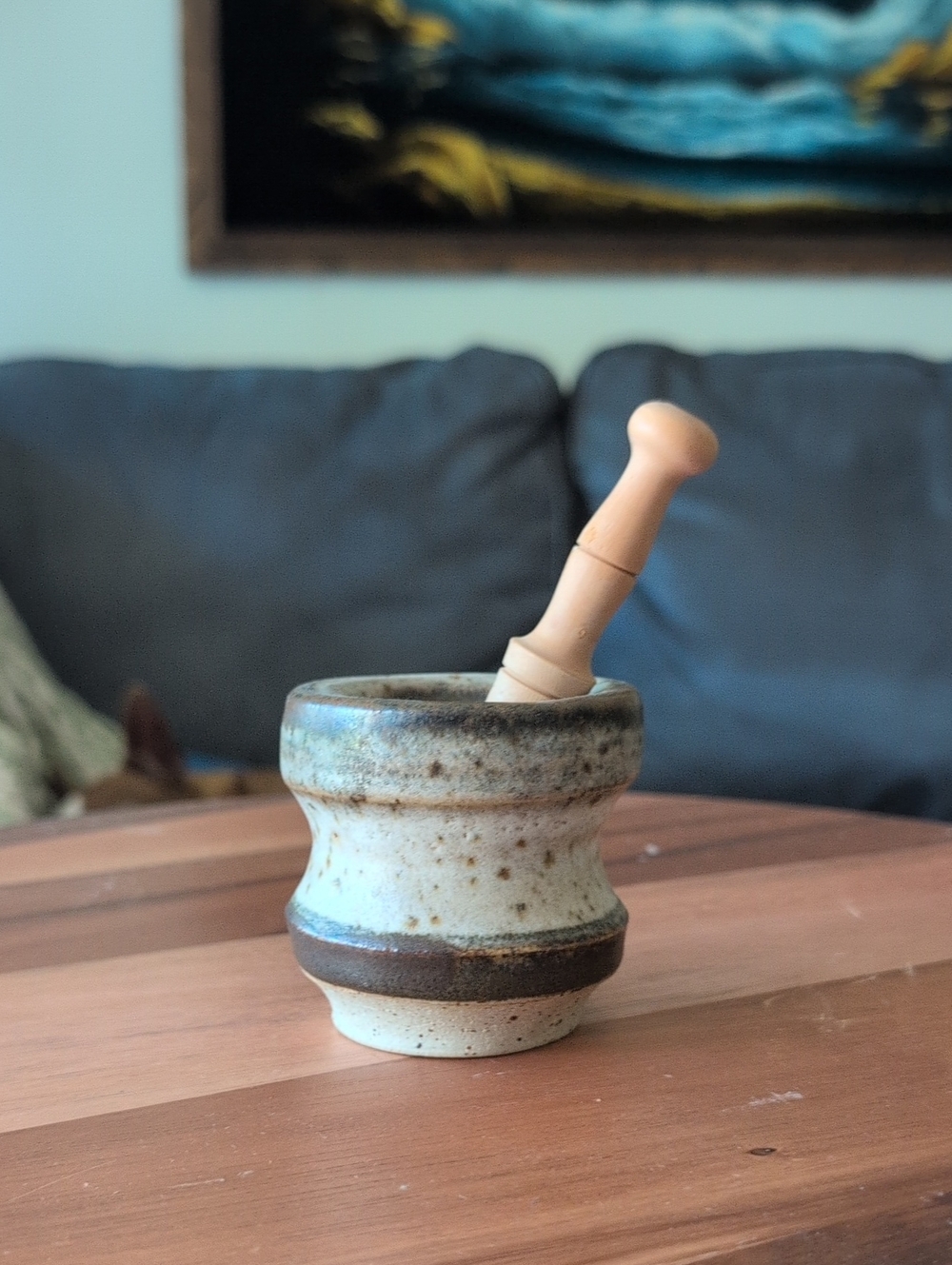 Handcrafted Ceramic Mortar and Pestle in Cream and Brown